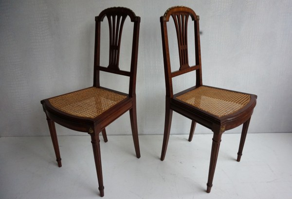 Antique, French, Louis, XVI, revival, mahogany, side, chairs, bronze, ornaments